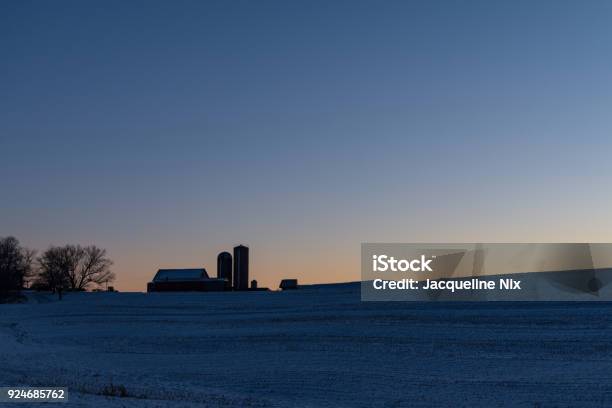Farm Background At Sunrise Stock Photo - Download Image Now - Snow, Dairy Farm, Barn