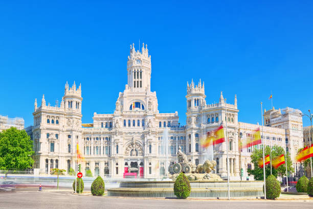 Fountain of the Goddess Cibeles and Cibeles Center or  Palace of Communication, Culture and Citizenship Centre in the Cibeles Square of Madrid. stock photo