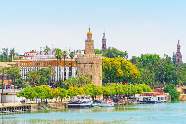 View on downtown of Seville and Guadalquivir River Promenade. View on downtown of Seville and Guadalquivir River Promenade. Spain. seville port stock pictures, royalty-free photos & images