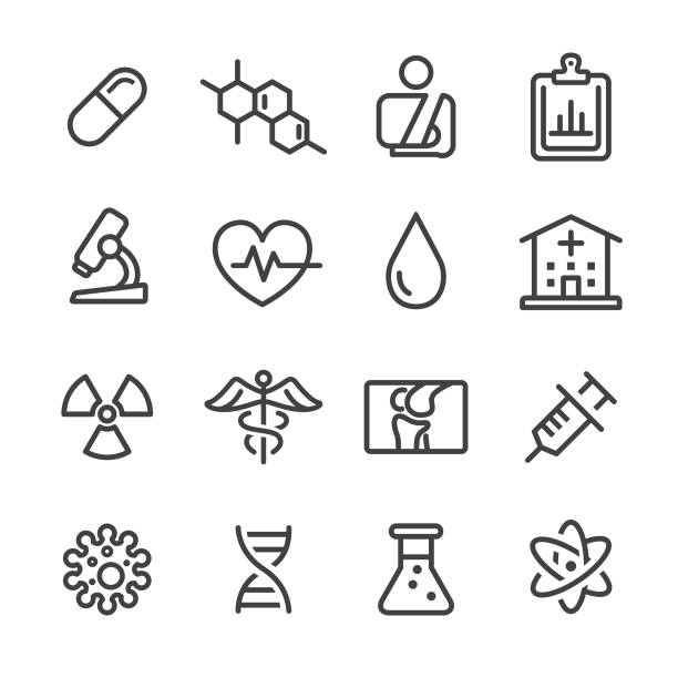 medizinische icon-set - line serie - medicine syringe pill capsule stock-grafiken, -clipart, -cartoons und -symbole