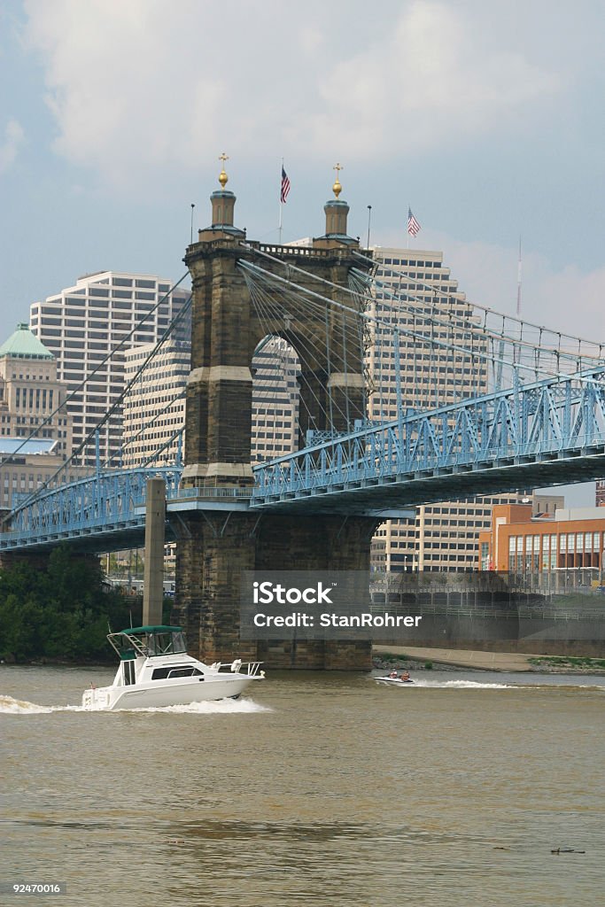 Roebling Suspension Bridge With Boats - Cincinnati, Ohio River  1867 Stock Photo