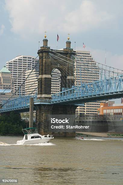 Roebling Suspension Bridge With Boats Cincinnati Ohio River Stock Photo - Download Image Now