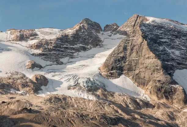 panoramic view of Marmolada glacier in Dolomites, Italy