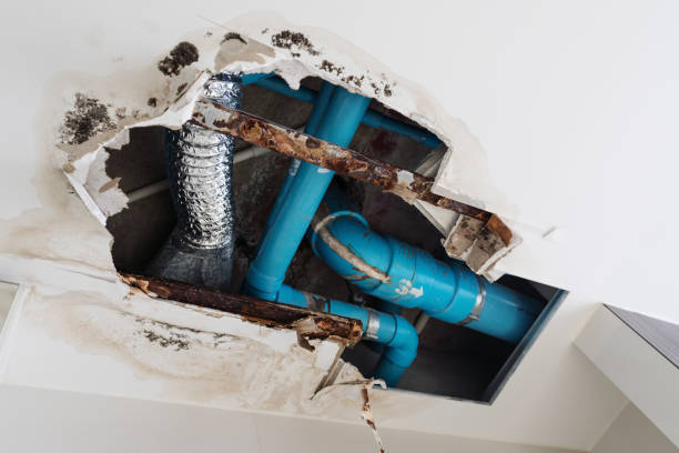 Damage home ceiling in restroom, water leak out from piping system make ceiling damaged Damage home ceiling in restroom, water leak out from piping system make ceiling damaged pipe tube photos stock pictures, royalty-free photos & images