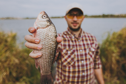 Young unshaven man in checkered shirt, cap and sunglasses caught a fish, shows it on the shore of lake on background of water, shrubs and reeds. Lifestyle, recreation, leisure concept.