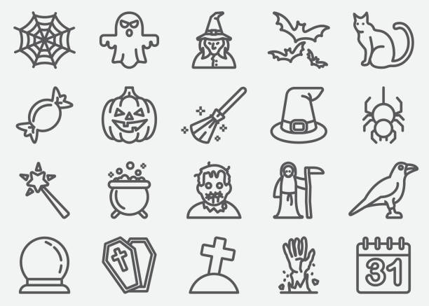 halloween und ghost zeile symbole - spooky mammal feline domestic cat stock-grafiken, -clipart, -cartoons und -symbole
