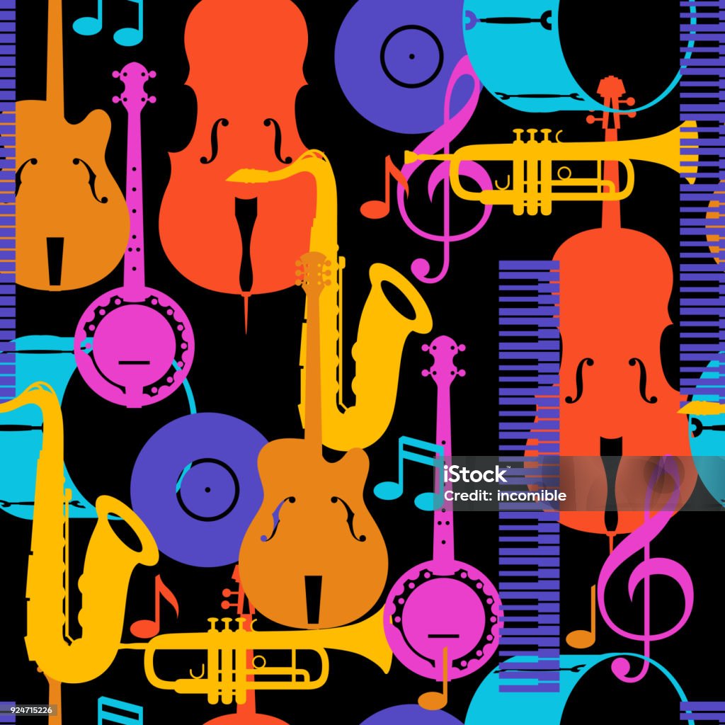 Patrón sin fisuras de música jazz con instrumentos musicales - arte vectorial de Jazz libre de derechos