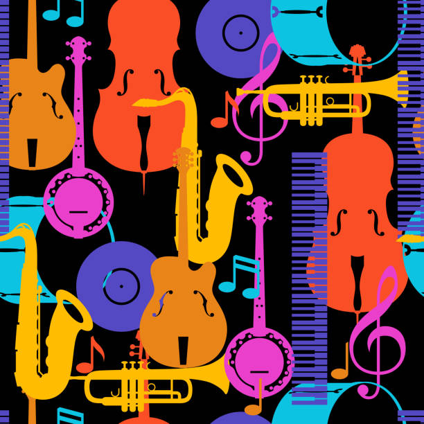 ilustrações, clipart, desenhos animados e ícones de padrão sem emenda de jazz música com instrumentos musicais - music musical note treble clef dancing