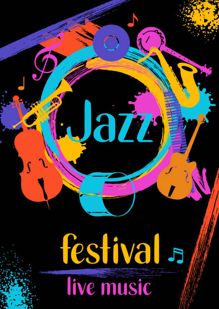 illustrations, cliparts, dessins animés et icônes de affiche rétro jazz festival musique live avec instruments de musique - cello musical instrument classical music music