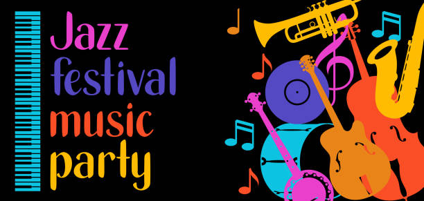 illustrations, cliparts, dessins animés et icônes de bannière du parti jazz festival musique avec instruments de musique - cello musical instrument classical music music