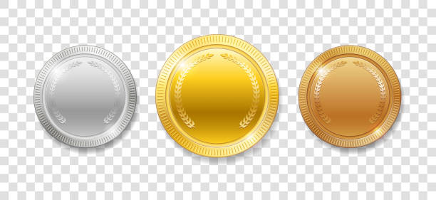 ilustrações de stock, clip art, desenhos animados e ícones de champion award medals for sport winner prize. set of realistic 3d empty gold, silver and bronze medals isolated. vector illustration isolated - gold medal medal gold medallion