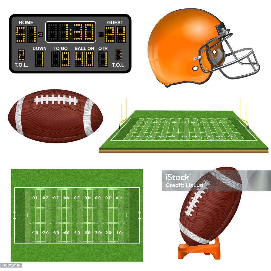 American Football Realistic Icons American Football Realistic Icons with Field, Ball, Goal, Helmet, Scoreboard. Isolated vector illustration American Football - Sport stock vector