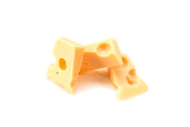 istock Three slices of Swiss cheese on a white background 924723390