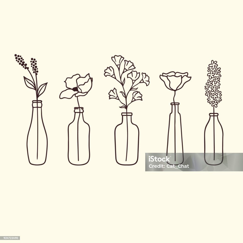 Flowers in bottles Set of cute hand drawn flowers in bottles Line Art stock vector