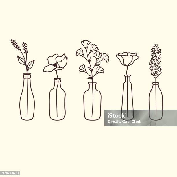 Flowers In Bottles Stock Illustration - Download Image Now - Line Art, Vase, Flower