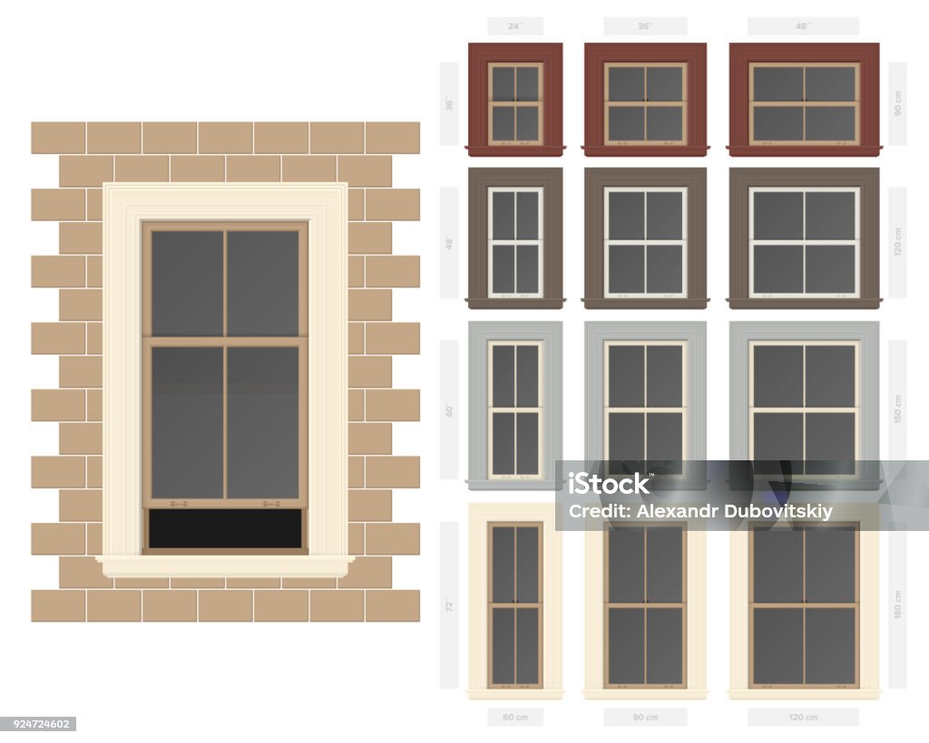 Window Bars Drawing Vector Single Hung Centre Bar Composite Window Set In Different Sizes ...