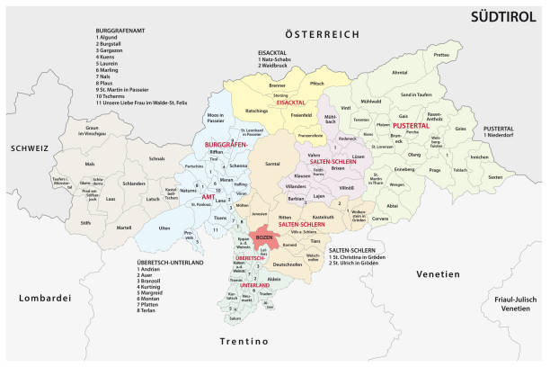 ilustrações, clipart, desenhos animados e ícones de mapa político e administrativo da província italiana do tirol do sul, em língua alemã - north tirol