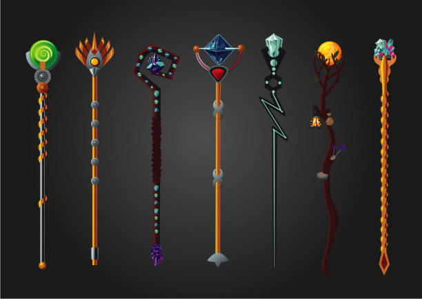 Magic wand set. Fantasy staff collection. Cartoon style, game design concept. Magic wizard wand set. Fantasy staff collection. Cartoon style, game design concept. Isolated object. sceptre stock illustrations