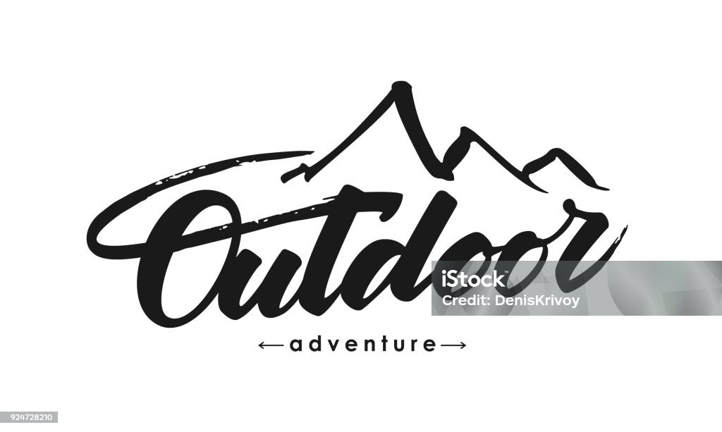 Hand drawn Modern brush lettering composition of Outdoor adventure with silhouette of mountains. Vector illustration:Hand drawn Modern brush lettering composition of Outdoor adventure with silhouette of mountains. Logo stock vector