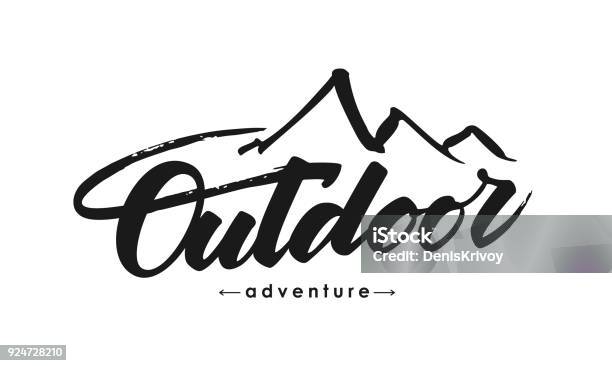 Hand Drawn Modern Brush Lettering Composition Of Outdoor Adventure With Silhouette Of Mountains Stock Illustration - Download Image Now