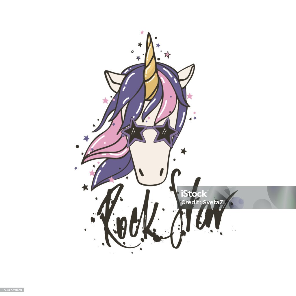 Rock star Cute vector a portrait of a unicorn rock star. Funny character with purple mane surrounded by star dust for sticker, patch badge, card, t-shirt and funny children's design. Star Shape stock vector