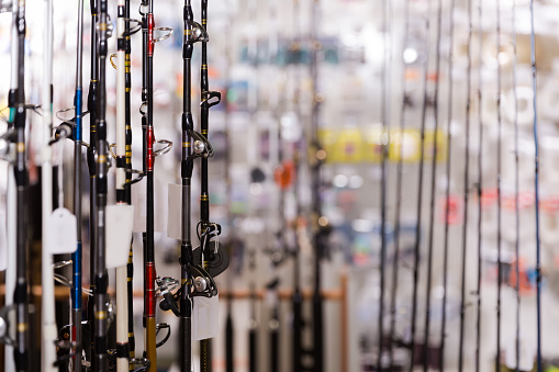 Image of stand with assortment of fishing rods in the sports shop indoor