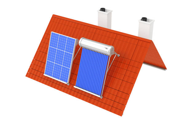 Many solar water heating systems installed on the roof of a residential house on the blue sky with clouds background in Israel. Renewable eco-friendly energy