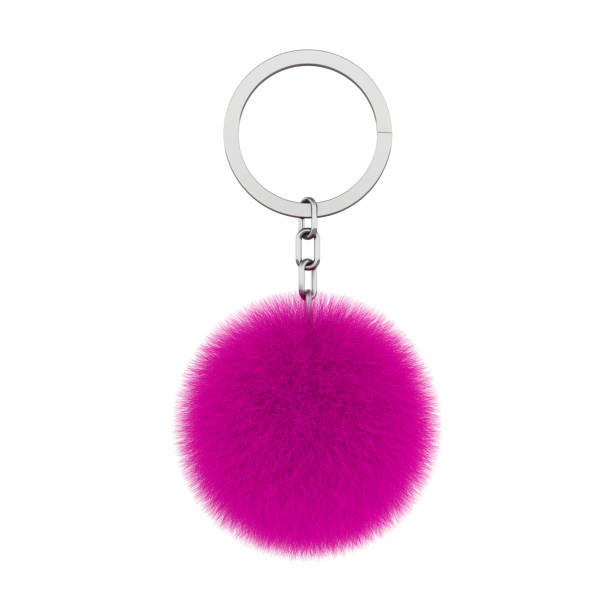 Keychain with Magenta Fur Hair Ball. 3d Rendering