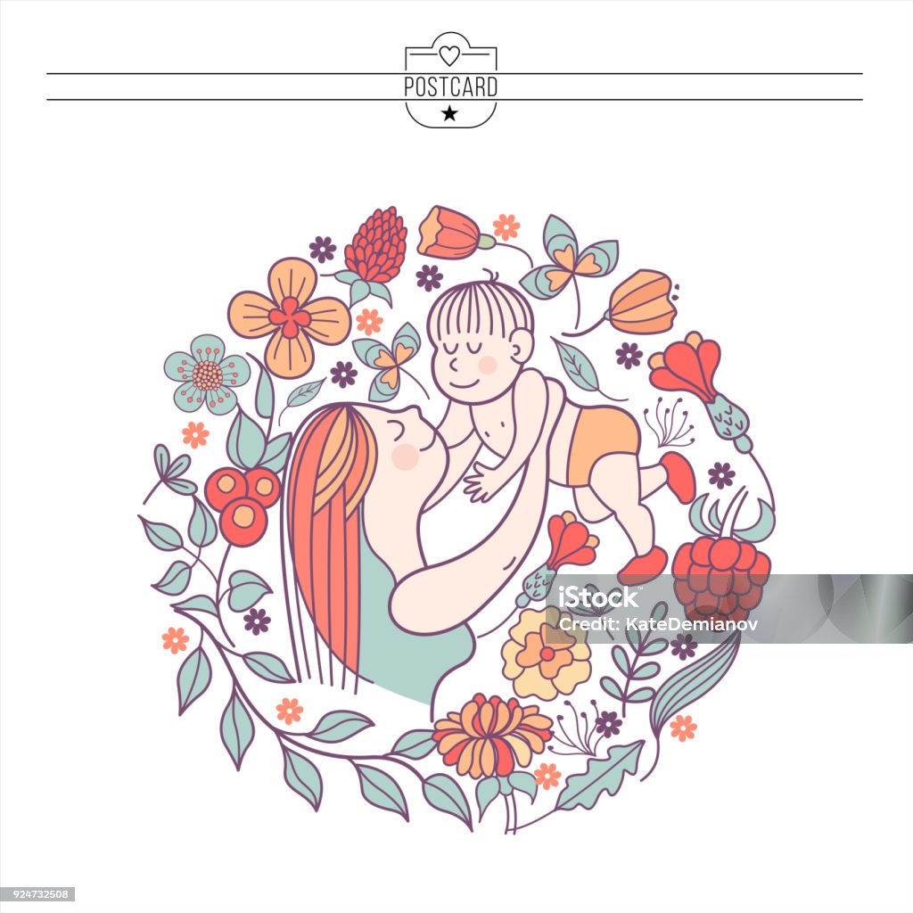 A mother with a baby. Vector illustration The mother and her child. Linear vector illustration. Floral wreath of herbs and flowers. Logo of a happy motherhood and childhood. Happy family. Flower stock vector