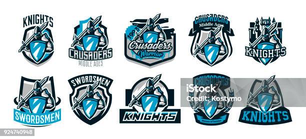 A Set Of Colorful S Emblems Of A Knight In Iron Armor Knight Of The Middle Ages Shield Warrior Swordsman Crusader Defender Of The Fortress The Mascot Of The Sports Clubvector Illustration Stock Illustration - Download Image Now