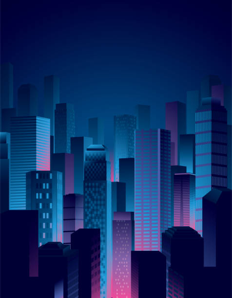 blick auf die stadt nacht in blau und rosa farben - wolkenkratzer stock-grafiken, -clipart, -cartoons und -symbole