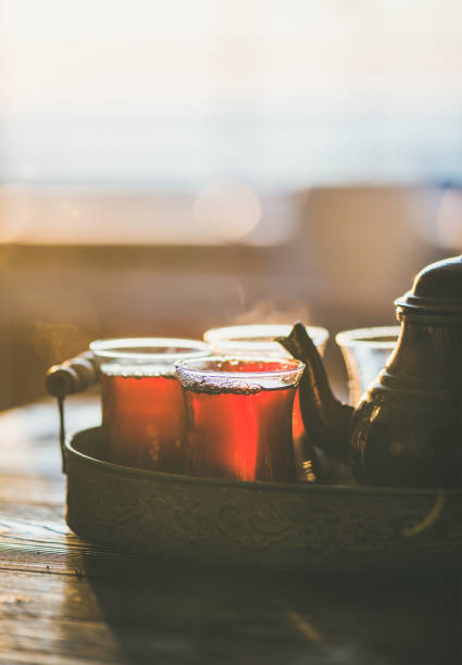 istock Freshly brewed black tea in turkish tukip glasses, copy space 924744116