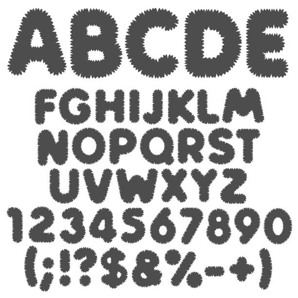 kudłaty czarno-biały alfabet, litery, cyfry i znaki. izolowane obiekty wektorowe. - kędzierzawy stock illustrations