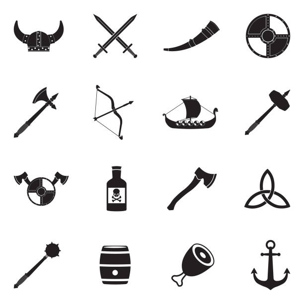 ilustrações de stock, clip art, desenhos animados e ícones de vikings icons. black flat design. vector illustration. - ship in a bottle bottle sailing ship nautical vessel