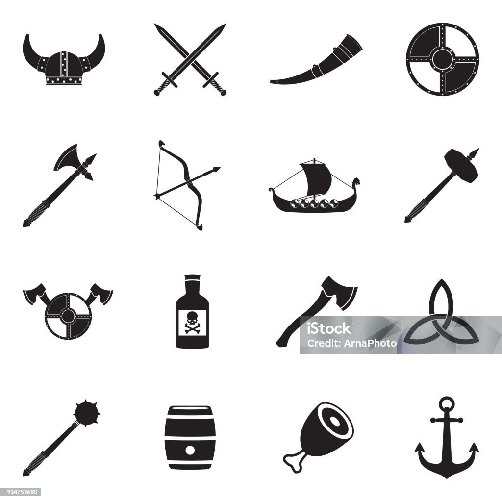 Vikings Icons. Black Flat Design. Vector Illustration. Vikings, Nordic, Culture, Warrior, Ship, Horns Viking stock vector