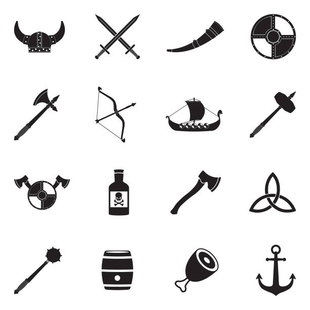 Vikings Icons. Black Flat Design. Vector Illustration. Vikings, Nordic, Culture, Warrior, Ship, Horns hunting horn stock illustrations