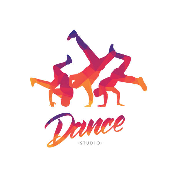 Vector illustration: Color emblem template for Dance Studio with hand lettering and silhouettes of break dancers. Vector illustration: Color emblem template for Dance Studio with hand lettering and silhouettes of break dancers dance logo stock illustrations