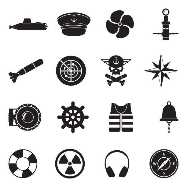 ilustrações, clipart, desenhos animados e ícones de ícones de submarino. projeto liso preto. ilustração em vetor. - marine safety equipment audio