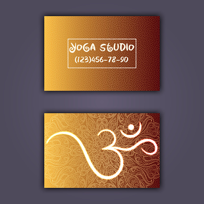 Business card for yoga studio or yoga instructor. Ethnic background with mandala ornament and ohm.