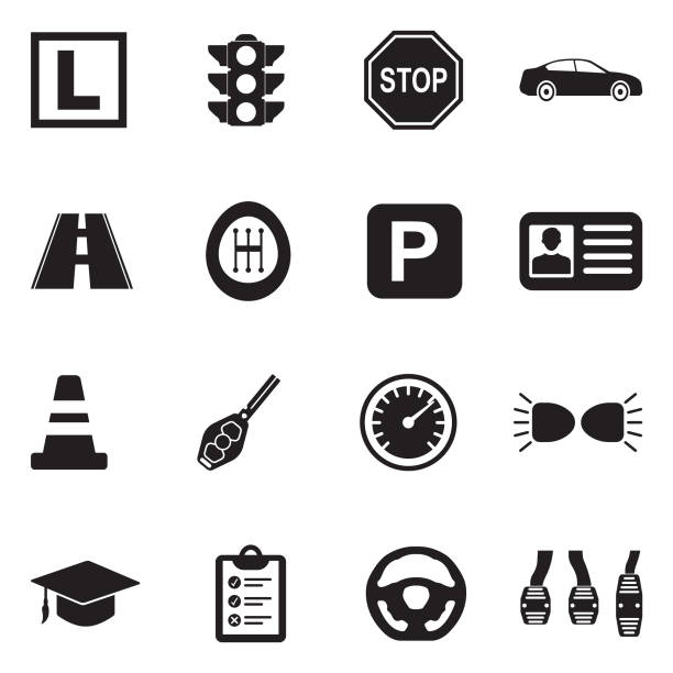 Driving School Icons. Black Flat Design. Vector Illustration. Driving, License, School, Car, Traffic school id card stock illustrations