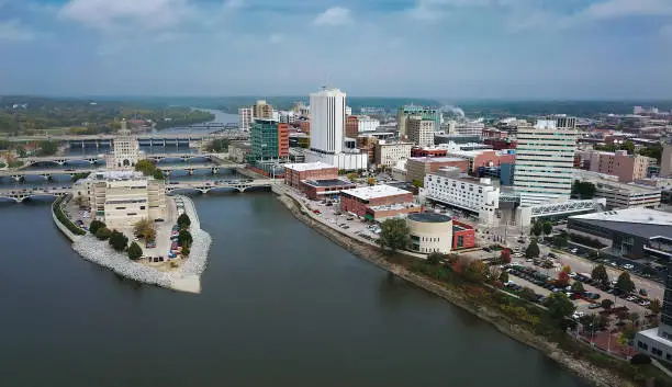 Downtown Cedar Rapids aerial skyline view with Cedar River and Mays Island on the left.
