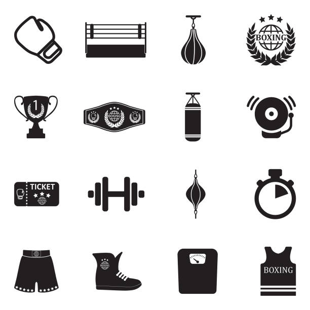 권투 아이콘입니다. 블랙 플랫 디자인입니다. 벡터 일러스트입니다. - weights boxing glove stopwatch symbol stock illustrations