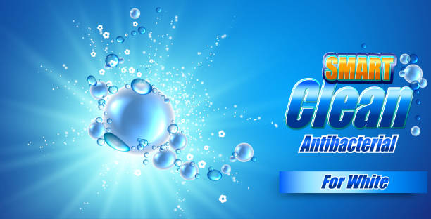 verpackung-design-vorlage für waschpulver. super sauber. seifenblasen, schaum. - waschen stock-grafiken, -clipart, -cartoons und -symbole