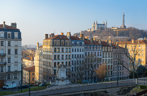 Sunrise over Vieux Lyon and Cathedral Notre-Dame de Fourviere in the city of Lyon, France.