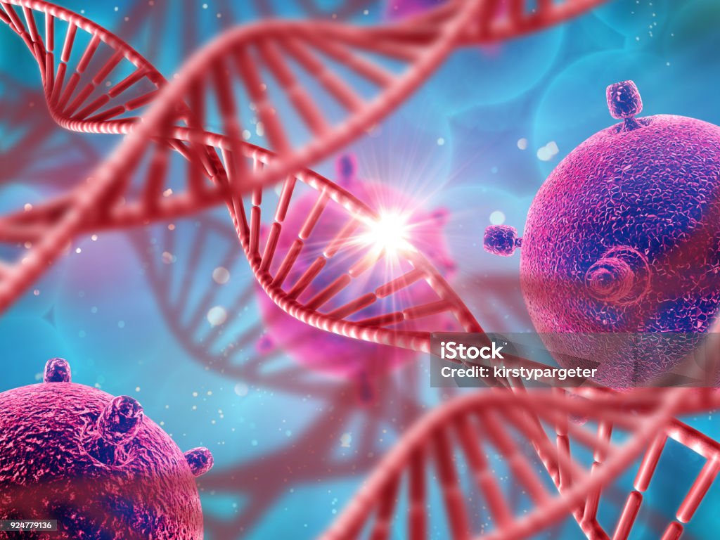 DNA鎖とウイルス細胞を用いて3D医療背景 - DNAのロイヤリティフリーストックフォト