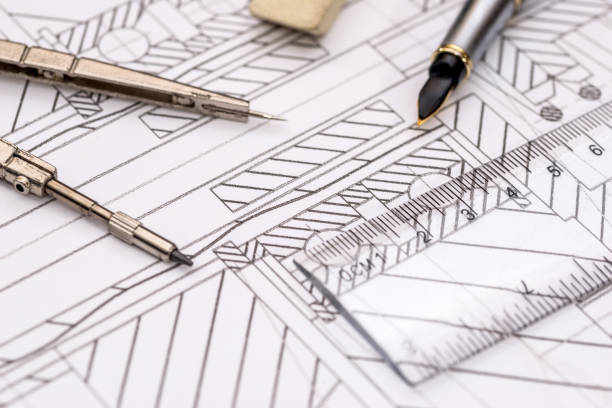 technische zeichnungen, stift, kompasse, lineal auf papier - nut blueprint work tool construction stock-fotos und bilder