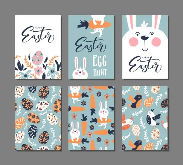 Vector illustration of Happy Easter greeting card with rabbit, bird and lettering text. Set of 6 postcard templates with message.