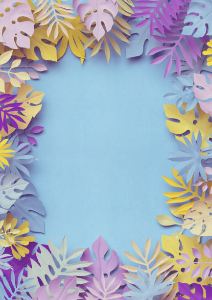 istock 3d rendering, tropical paper leaves, decorative vertical frame, pastel botanical background, blank space, jungle nature, bright candy colors 924786262