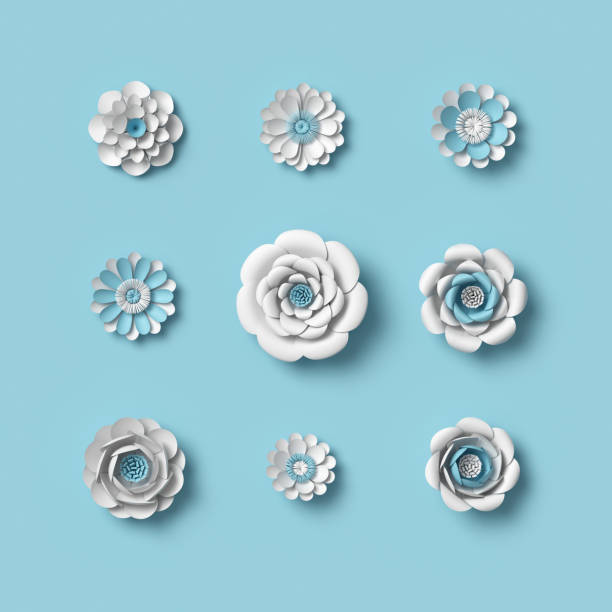 istock 3d rendering, white paper flowers on blue background, isolated floral design elements, botanical clip art set, bridal bouquet, papercraft wedding wall decoration 924786546