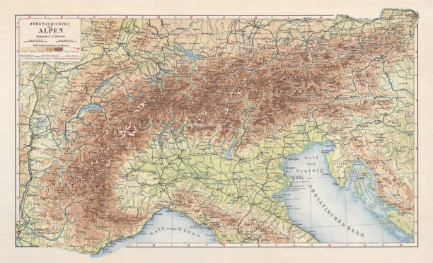 ilustrações de stock, clip art, desenhos animados e ícones de topographic map of the european alps, lithograph, published in 1897 - mountain lake austria bavaria